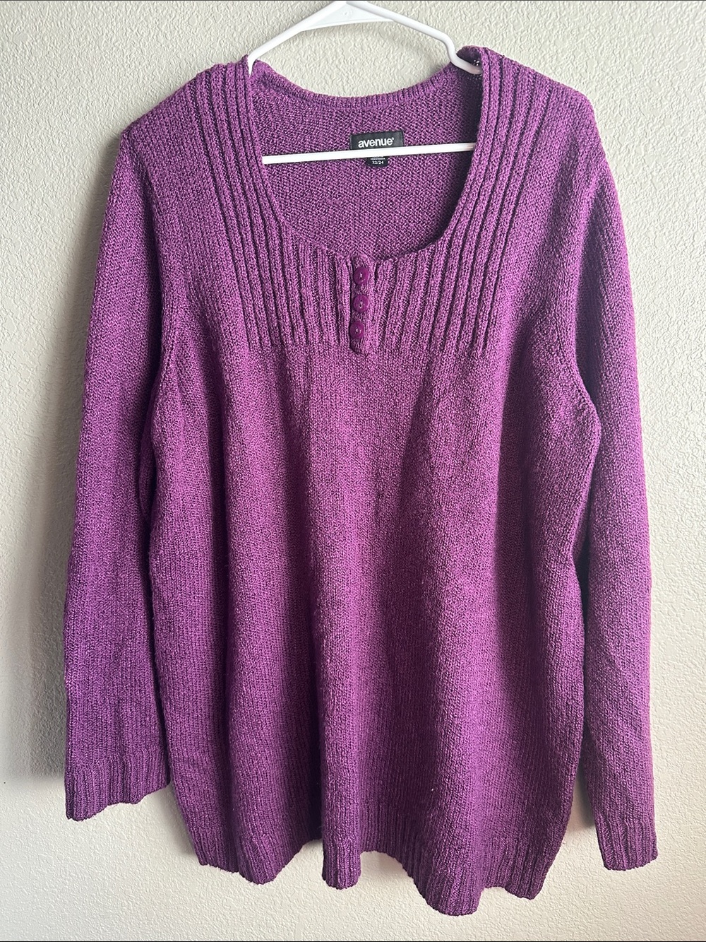 Avenue Purple Scoop-Neck Knit Sweater with Button Placket